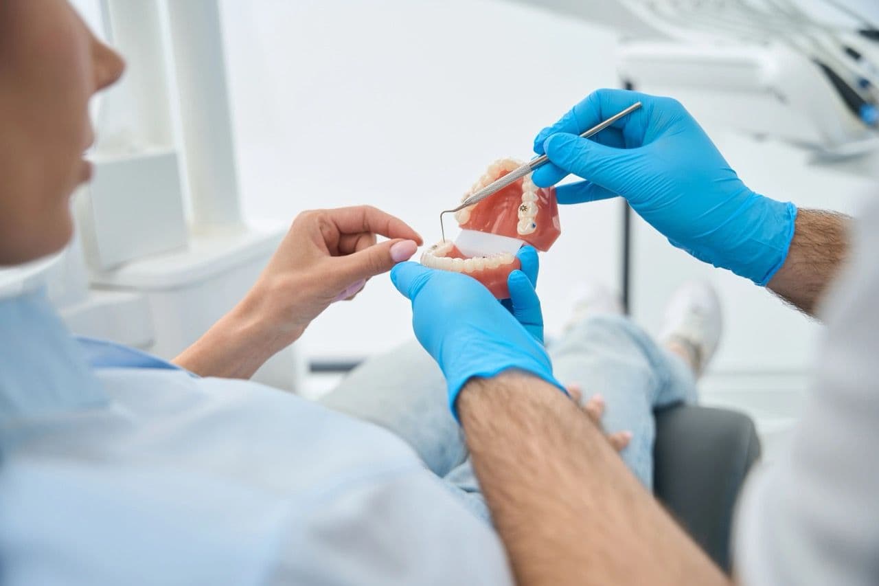 Photo of a patient being shown a model of dentures with implants