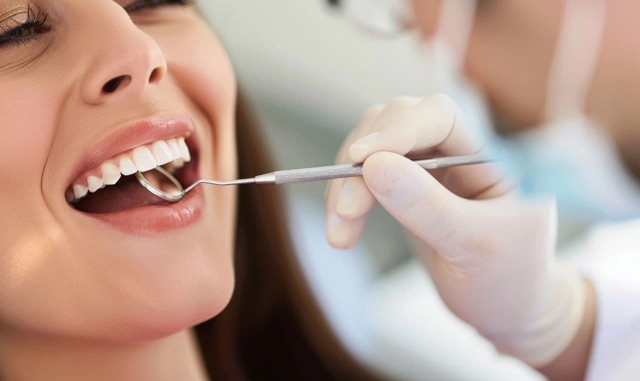 A woman having the back of her teeth examined with a mirror instrument