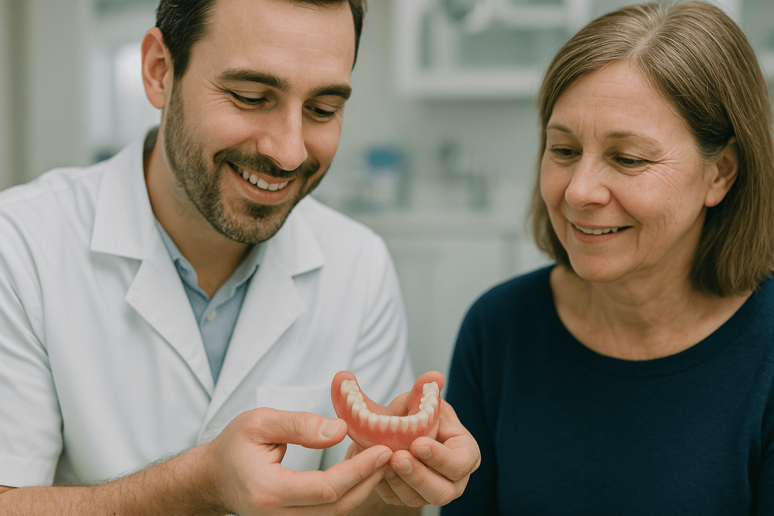 dentist holding dentures showing a female customer